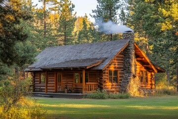 Obraz premium Log cabin, stone chimney, autumn woods, smoking fireplace.