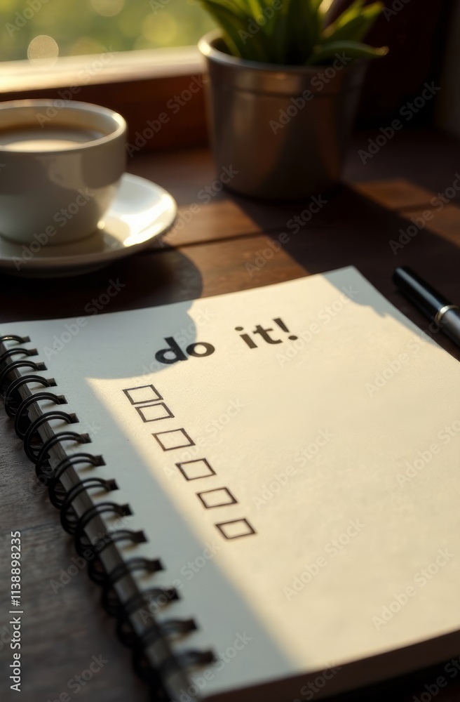 Aufkleber a cozy workspace featuring a notebook with the phrase do it! and empty checkboxes. a cup of coffee s