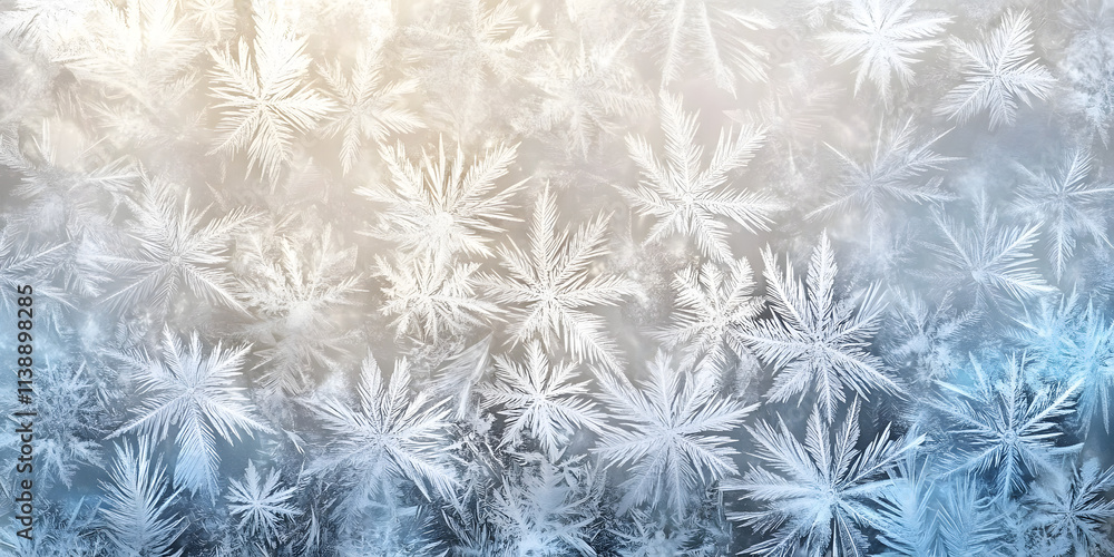 Poster a stunning display of intricate frost patterns on a windowpane, featuring a myriad of delicate ice c