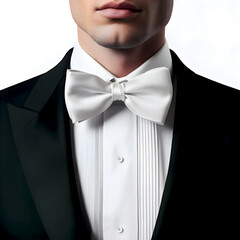 Upper torso of a man wearing a black tuxedo and white bow tie