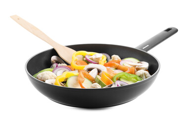 Frying pan with mix of vegetables and mushrooms in air isolated on white