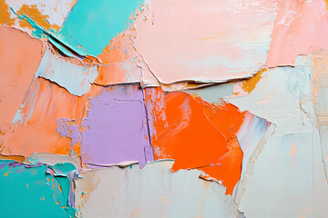 Abstract impasto oil paint texture with thick palette knife strokes in pastel tones of mint, peach,...