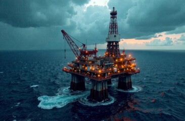 Obraz premium An offshore oil rig stands illuminated against a backdrop of dark, swirling clouds at dusk. The structure features cranes and lights, surrounded by turbulent ocean waves, creating a stark contrast.