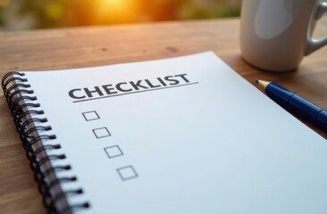 A spiral-bound checklist sits on a wooden table beside a white coffee mug and a blue pen. Soft sunlight filters through, creating a warm and inviting atmosphere perfect for productivity.