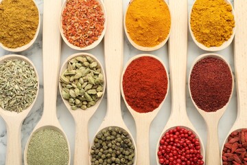 Different aromatic spices in spoons on white marble table, flat lay