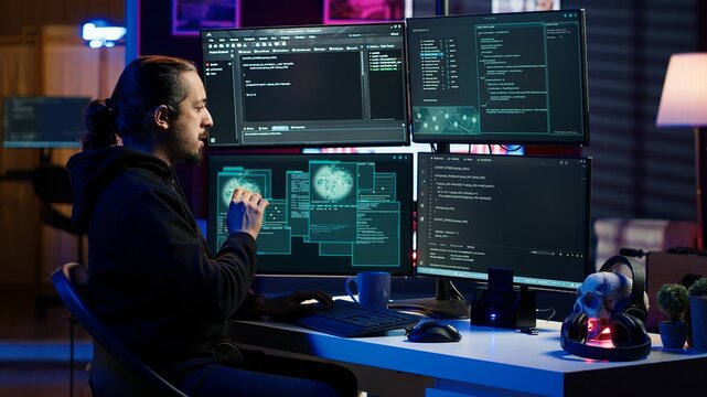 Hacker in secret hideout typing on keyboard, trying to hide online activity after stealing data. Scammer attacking victims computers using malware while trying to avoid being detected, camera A - Powered by Adobe