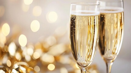Two champagne flutes filled with sparkling wine against a bokeh background.