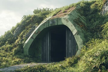 Overgrown, weathered entrance; hidden, mysterious bunker.