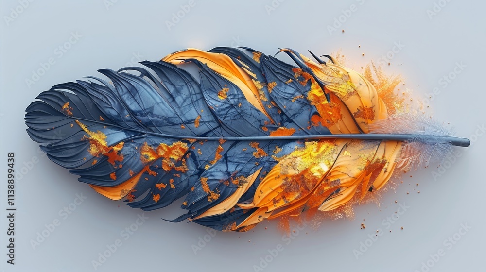 Poster a striking feather appears to be on fire, showcasing vivid hues of blue and orange. the intricate de