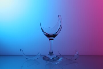Pieces of broken glass with wine on table, color tone effect