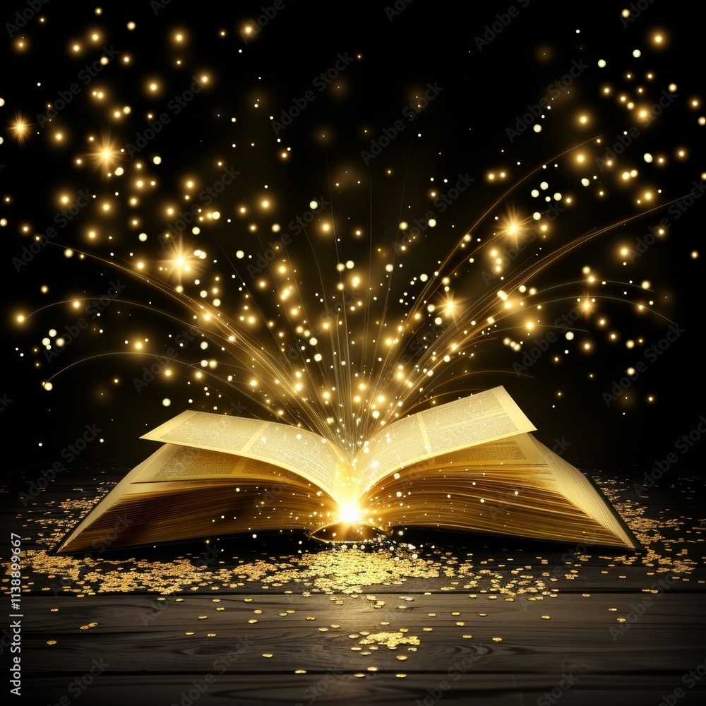 Poster an open book emits a burst of sparkling light and golden particles in a dark setting. the scene conv