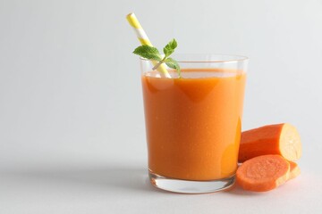 Fresh carrot smoothie in glass and cut vegetable on light grey background, closeup. Space for text