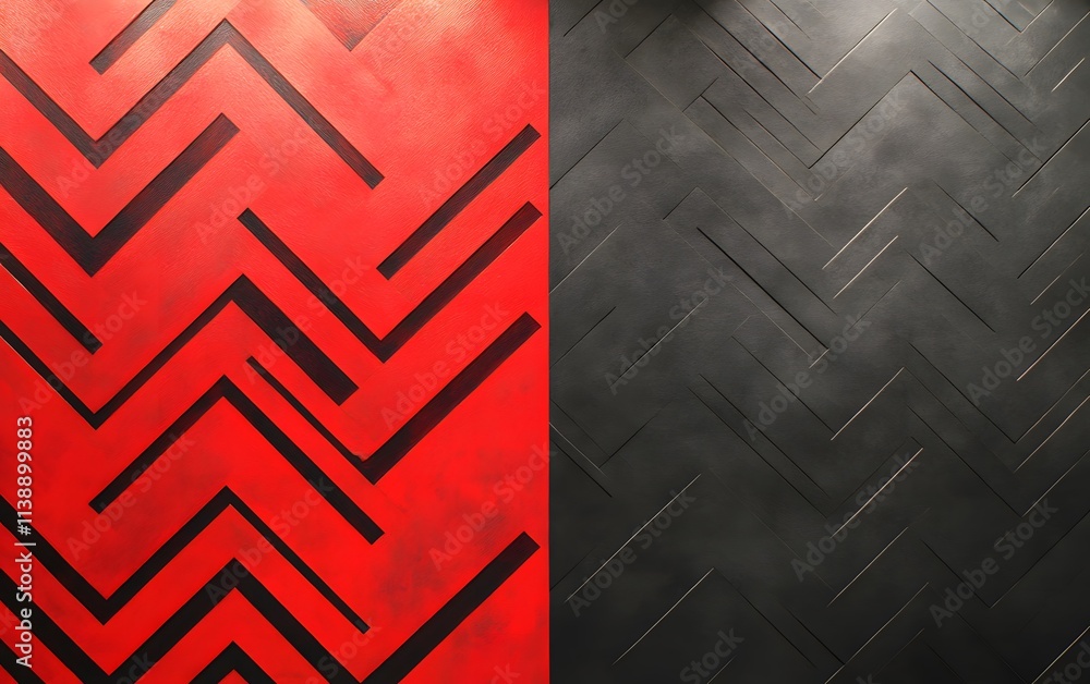 Poster abstract wall design featuring contrasting red and black zigzag patterns.