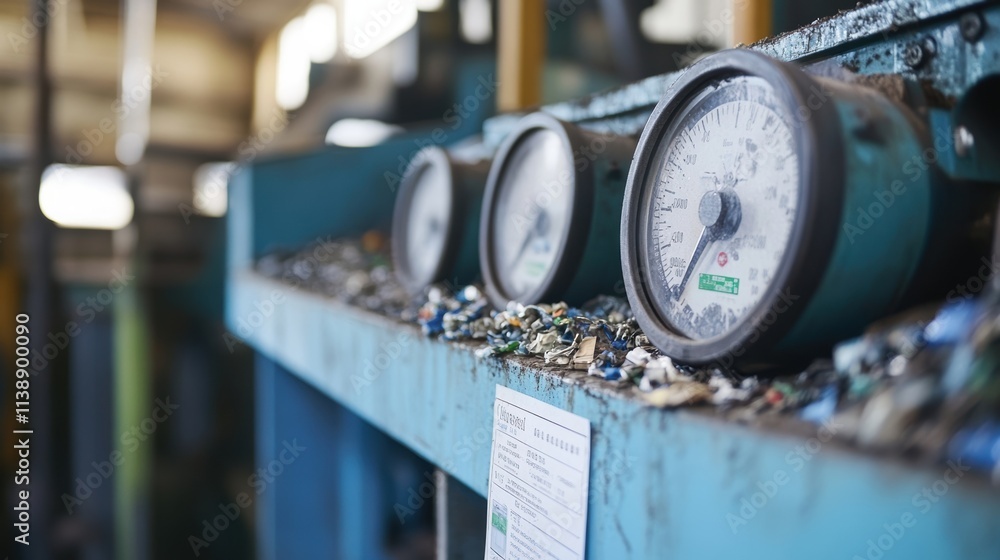 Aufkleber a closeup of a detailed gauge on a recycling machine showing the levels of recycled materials proces