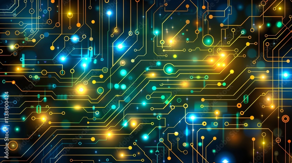 Poster bright glowing dots and lines create an intricate circuit board pattern. the design features a blend