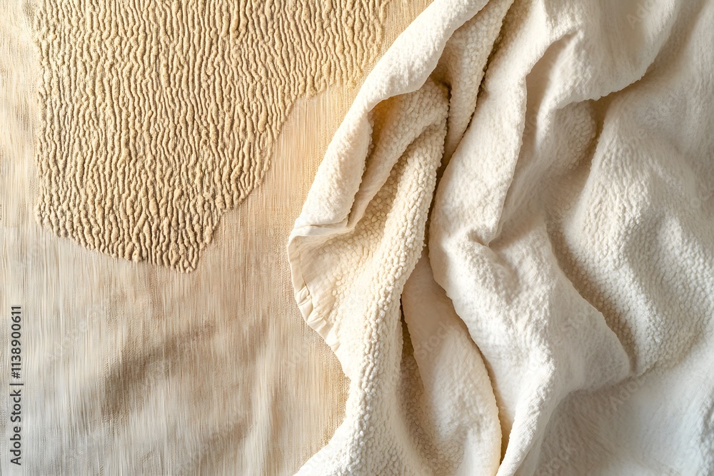 Poster a textured fabric with a wrinkled cloth, showcasing soft tones and intricate patterns.
