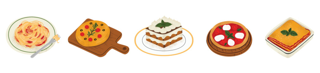 Set of Italian cuisine illustrations. Spaghetti pasta, focaccia bread, tiramisu dessert, Margherita pizza, and lasagna. Traditional Italian food, flat vector design isolated on white background
