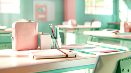 A neatly arranged school desk displays pastel colored supplies like a pink notebook and light blue pens in a softly lit classroom environment