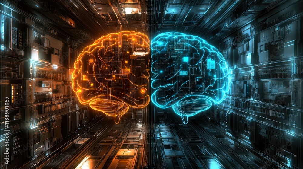 Aufkleber digital brain design with orange and blue neural networks visuals