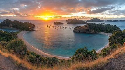 Fototapeta premium Stunning sunrise over a secluded bay with boats anchored, golden hour light illuminating the turquoise water and sandy beach.