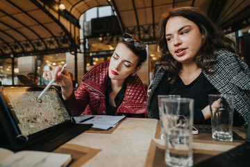 Two business people are engrossed in a planning meeting outdoors, reviewing documents and maps. The setting is casual yet focused, illustrating collaboration and strategic thinking.