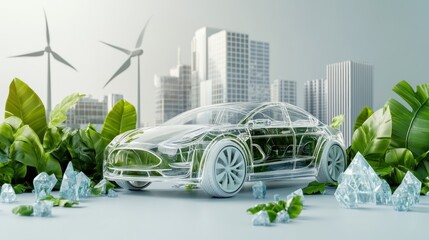 Transparent car made of glass material, surrounded by green leaves and three-dimensional energy crystals, environmentally friendly electric vehicle