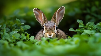 Cute Rabbit in Lush Green Vegetation. Wildlife, Nature, Animal Portrait