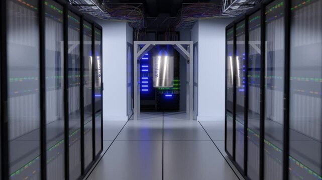 3d animated render of a quantum computer installed in an exascale datacenter.  Animation pans back as abstract blue energy draws from the racks of computers toward he quantum computer.