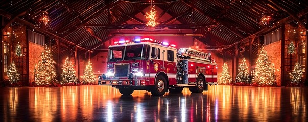 Firefighters gathered in a firehouse for Christmas celebration, holiday decorations, festive lights on the firetrucks, unity and joy