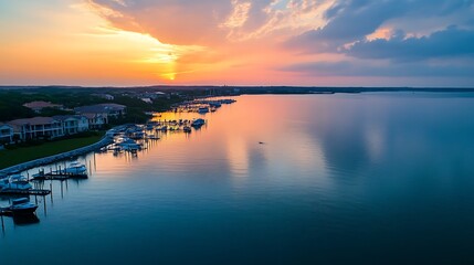 Naklejka premium Sunset over a marina. Scenic waterfront view. Tranquil lake.