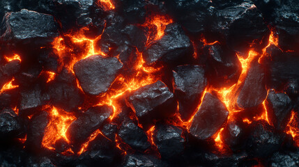 Burning rocks with glowing lava cracks and fiery gaps