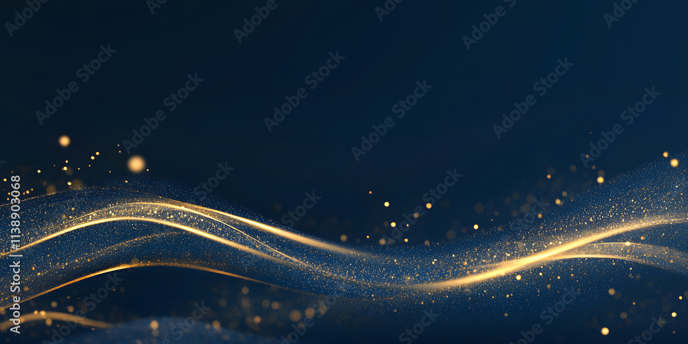 Poster abstract background with golden waves and shiny particles on a dark blue background. bokeh holiday b