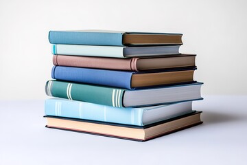 Stack of colorful hardcover books on white background
