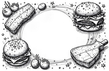 Hand drawn hamburgers frame with fancy burgers and sandwiches in black and white style, copy space. Ideal for design element for pages, covers, menus or other projects in vintage or classic style.