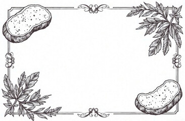 Elegant border with hand-drawn herbs and slice of bread, copy space. Ideal for design element for pages, covers, menus or other projects in vintage or classic style.