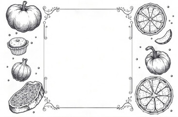 Appetizing monochrome frame empty with autumn vegetables, apples, oranges and muffins, copy space. Ideal for design element for pages, covers, menus or other projects in vintage or classic style.