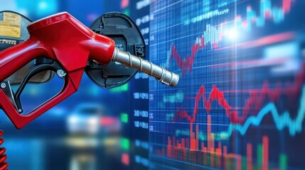 Gas pump handle held at filling station, with background showing stock market graphs and charts showing rising fuel prices