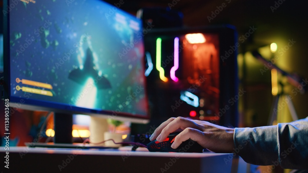 Aufkleber close up shot of man using gaming rgb lit mouse to play entertaining videogame, flying spaceship thr