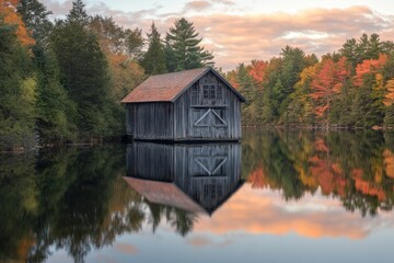 Fototapeta premium Autumnal lake reflects wooden structure, colorful trees.