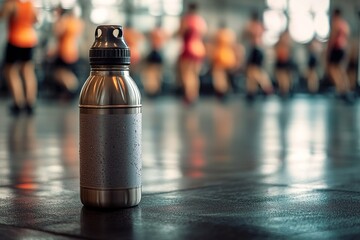 Water bottle on gym floor, blurred people exercising in background