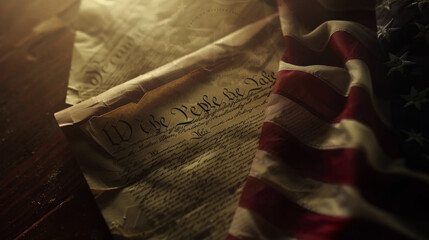 A close-up highlights the U.S. Constitution with the American flag, celebrating Constitution Day and evoking a sense of national pride and history