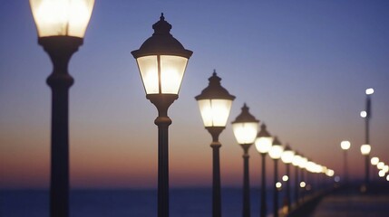 Illuminated lamp posts line a coastal path at twilight.