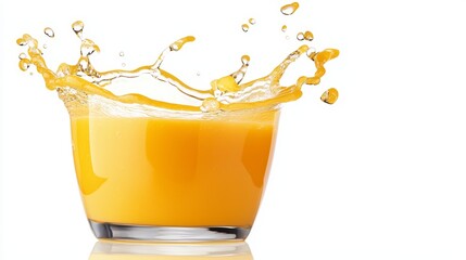 Crisp image of orange juice splash frozen in a wave motion, bright studio light enhancing clarity on pure white background, high-refreshing detail