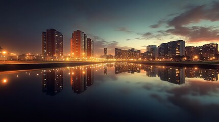 City skyline reflected in calm water at dawn. Urban landscape, modern architecture, tranquil scene.