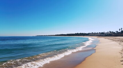 Serene beach day, calming blue waters.