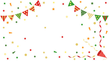 クリスマスカラーのクラッカーとガーランドと紙吹雪　アスペクト比16：9バージョン