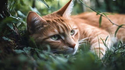 Naklejka premium Ginger cat relaxing in the grass. Nature, pet, animal, outdoors, tranquility.