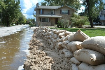 Fototapeta premium Floodwaters near house; sandbags form barrier.
