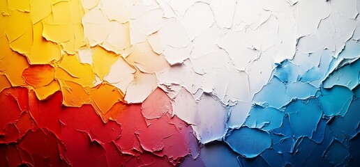Abstract painting with impasto technique showing a vibrant color gradient from warm to cool tones.