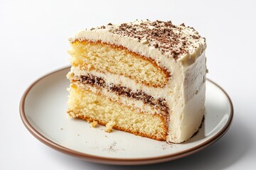 Slice of layered cake with cream frosting on plate